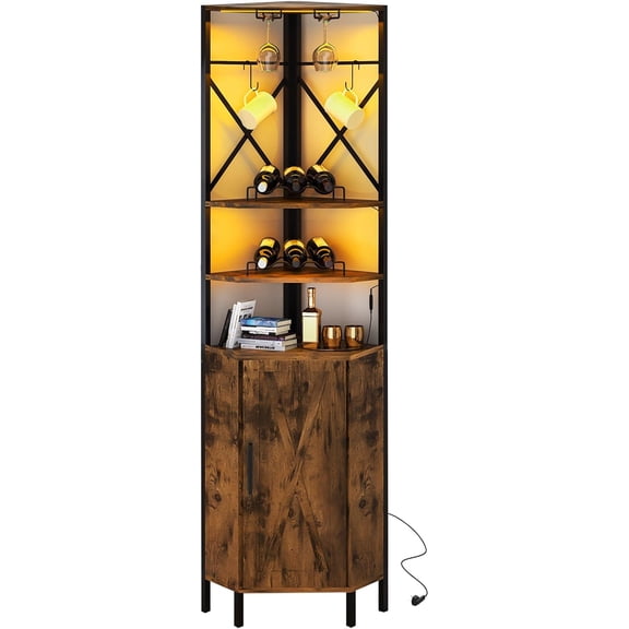 6-Tier Corner Wine Cabinet with Power Outlet & LED Light, Industrial Bar Cabinet w/Glass Holder & 2 Flexible Hooks, Farmhouse Liquor Cabinet with Door for Small Space, Kitchen, Rustic Brown