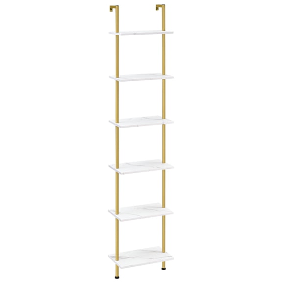 6-Tier DIY Wooden Ladder Shelf - Gold Wall-Mounted Bookshelf & Narrow Display Rack for Living Room, Bedroom, Study, Balcony - Ideal Storage for Books, Plants, and Dcor - Marble & Gold Design