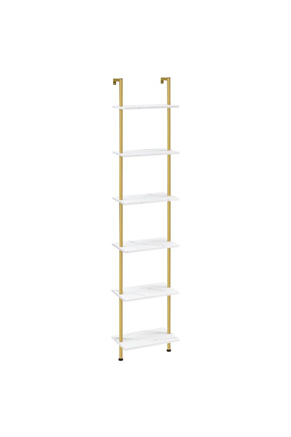 6-Tier DIY Wooden Ladder Shelf - Gold Wall-Mounted Bookshelf & Narrow Display Rack for Living Room, Bedroom, Study, Balcony - Ideal Storage for Books, Plants, and Dcor - Marble & Gold Design