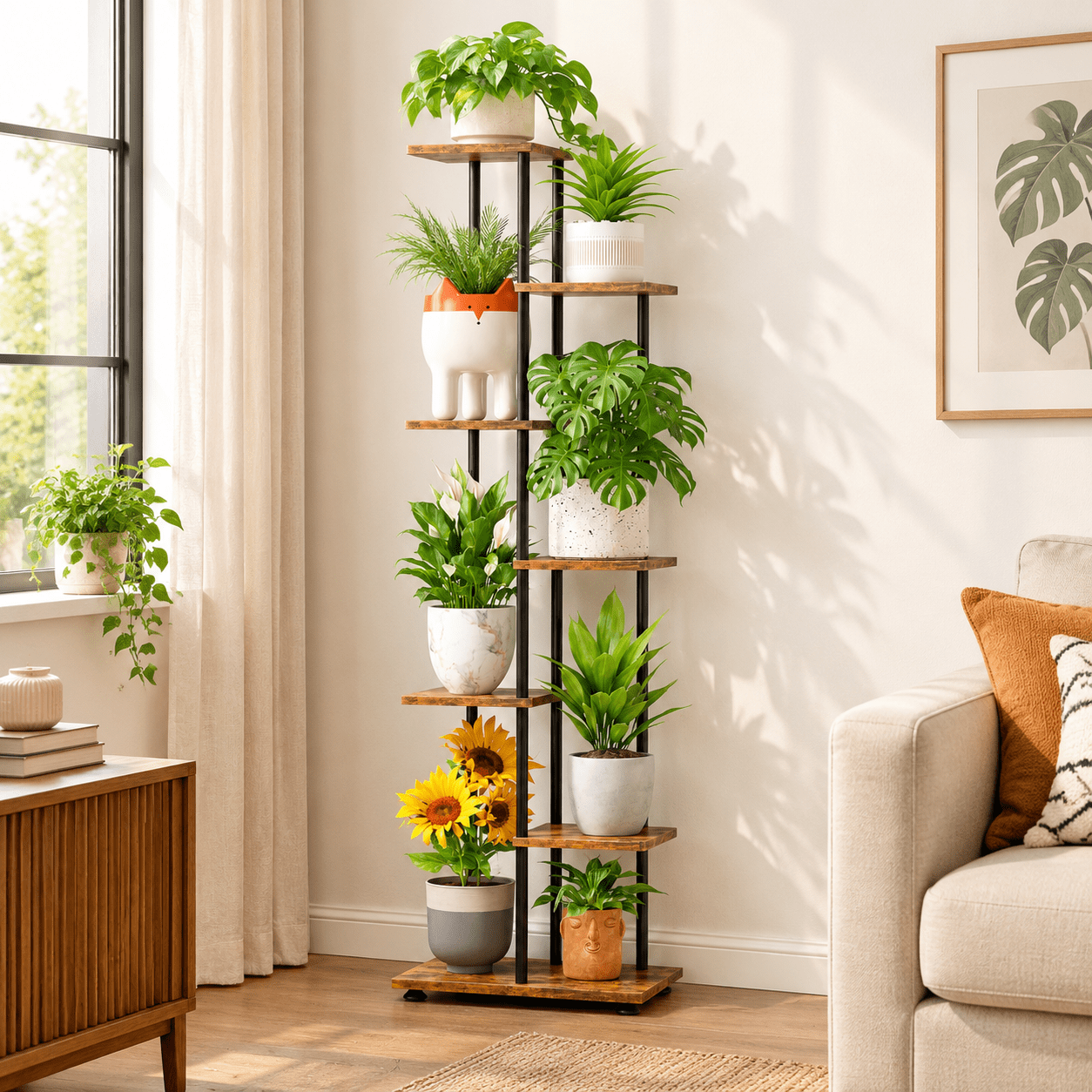 Iron Rack 3 Tier 6 Tier Dark Black - Brown Plant Stand for Indoor Corner, Wood and Iron ...