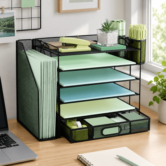 6 Tier Desk File Organiser with Extra Vertical File Sorter, Paper Letter Tray with Top Stationery Drawer Holder, A4 Paper Desktop Filing Trays, Magazine Document Holder for Home Office, Black