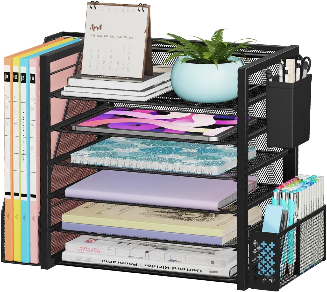 6 Tier Desk File Organizer, Paper Letter Tray Organizer with File Holder and Pen Container, Black