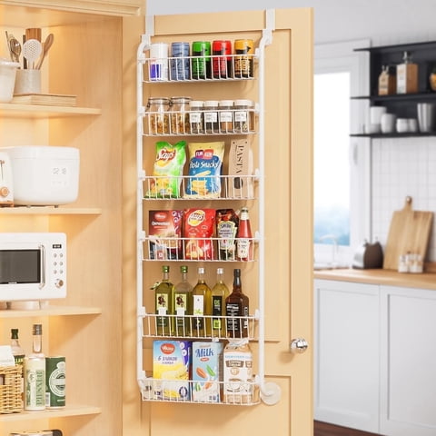 6-Tier Over the Door Pantry Organizer, Heavy-Duty Metal Pantry Door Organizer with 6 Baskets, Hanging Storage Door Organization Kitchen Door Rack, White