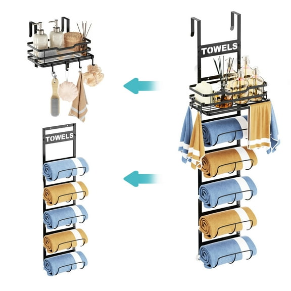 6 Tier Over The Door Towel Racks for Bathroom, Wall Mounted Towel Rack with Metal Shelf Basket and Hooks, Detachable Black Bathroom Towel Holder, Rolled Towel Hanger Organizer