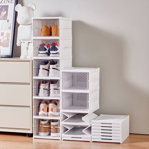 GUDEMAY 6 Tier Plastic Shoe Boxes with Lids, Clear Stackable Shoes Organizer with Door, Free Standing Sneaker Storage for Entryway, No Assembly
