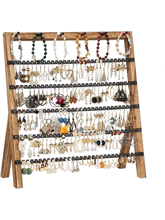 6-Tier Earring Holder Organizer, 285 Holes & 6 Bracelet Rods, Space-Saving Earring Display Stand for Jewelry Storage,Rustic
