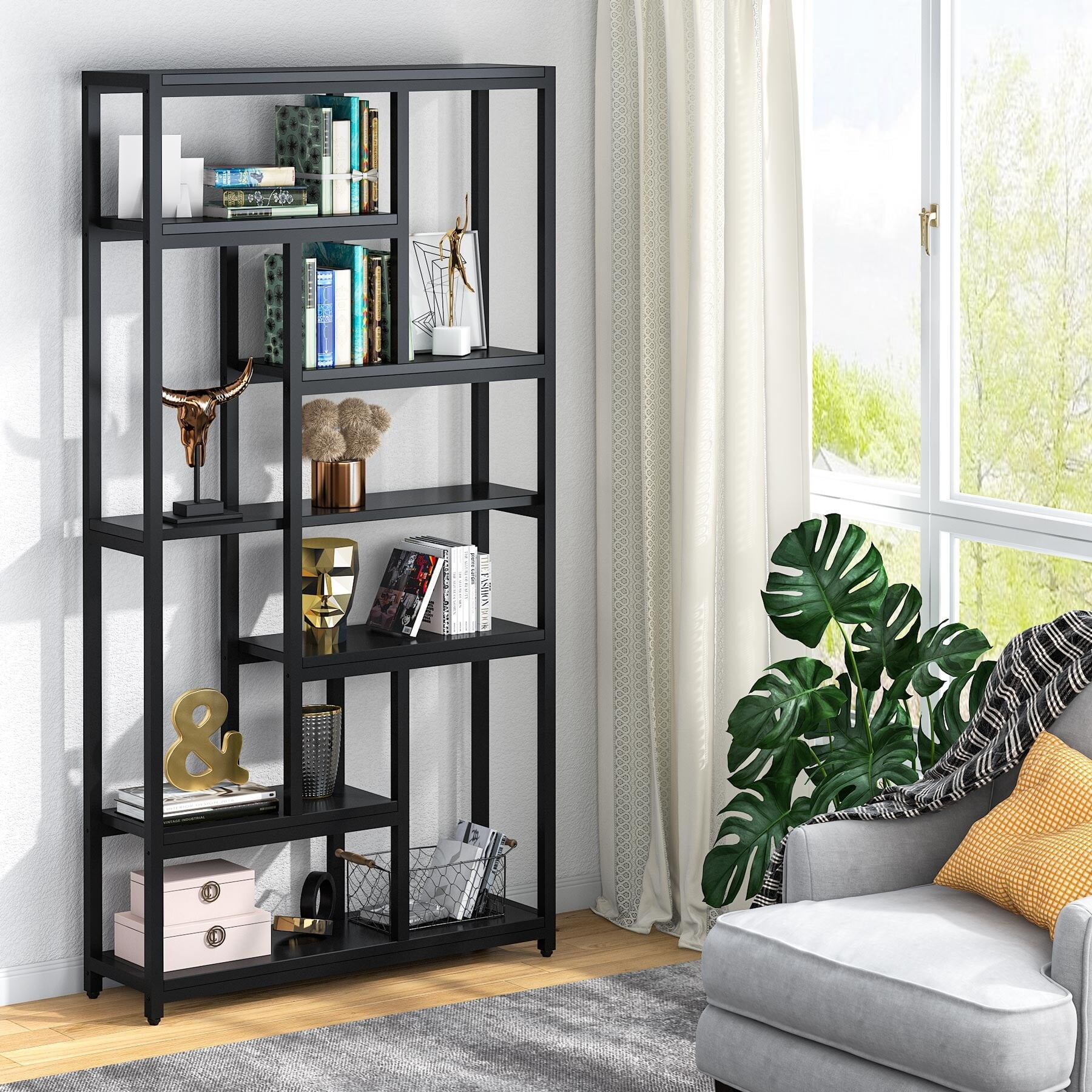 Black 6-Tier Industrial Geometric Etagere Bookcase