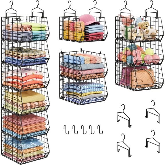 6-Tier Extended Depth Hanging Closet Organizers and Storage for Closet Organization, Stackable Hanging Shelves with Hooks for Clothes Sweaters Towels Purses, Fits Closet Shelves & Wire Metal Shelving