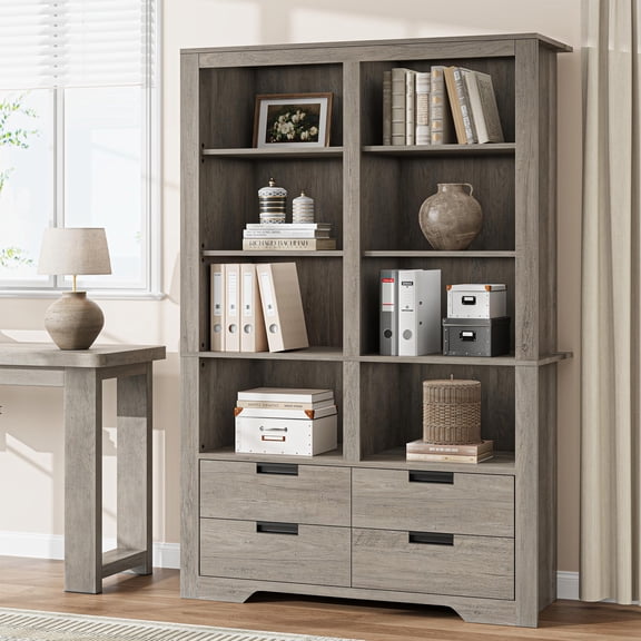 6-Tier Extra Wide Bookcase with 4 Drawers – Tall Freestanding Storage Cabinet – Deep Shelves for Office, Library, or Living Room – Modern Farmhouse Display Unit – Light Ivory