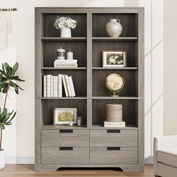 6-Tier Extra Wide Wood Bookcase with 4 Drawers Tall Freestanding Storage Cabinet Deep Heavy Duty Display Shelves for Office Library Living Room Anti-Tip Kit Gray/Natural Wood