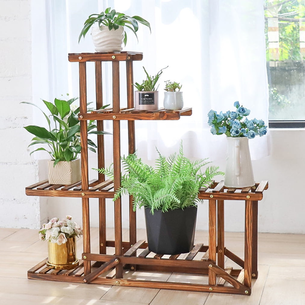 6-Tier Dark Brown Solid Wood Corner Plant Stand Shelf