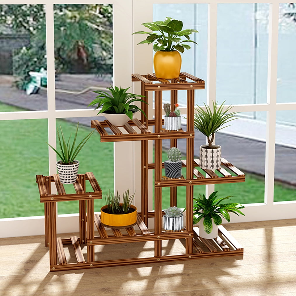 6-Tier Dark Brown Solid Wood Corner Plant Stand Shelf