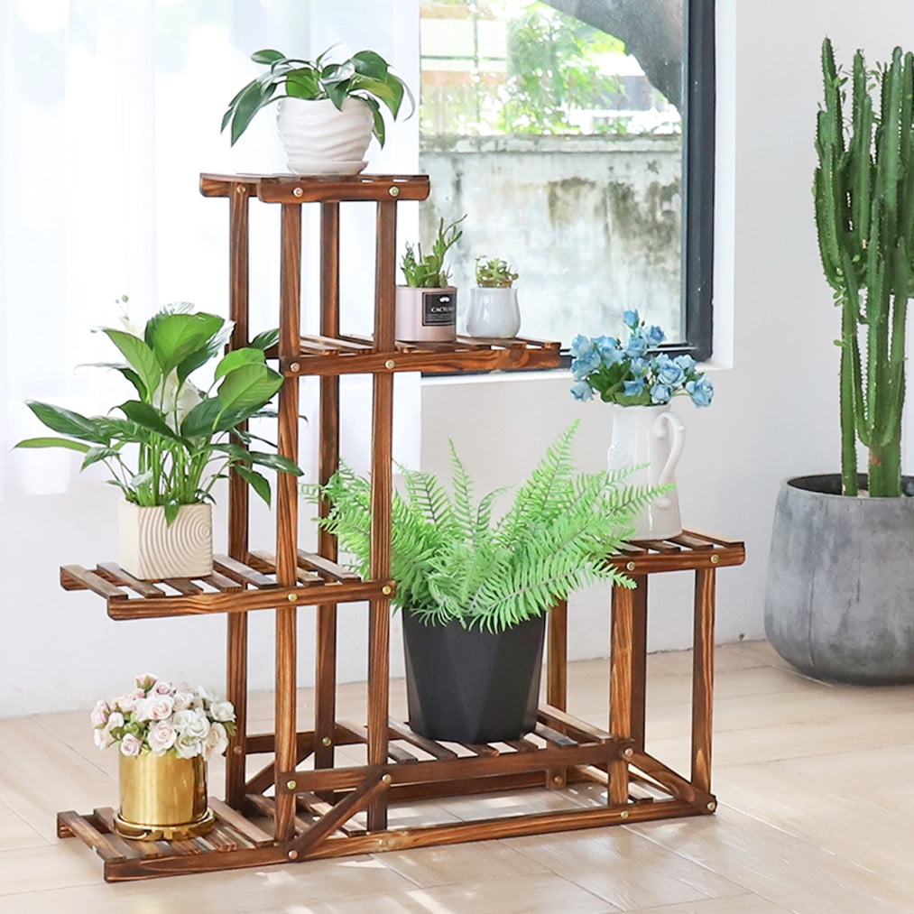 6-Tier Dark Brown Solid Wood Corner Plant Stand Shelf