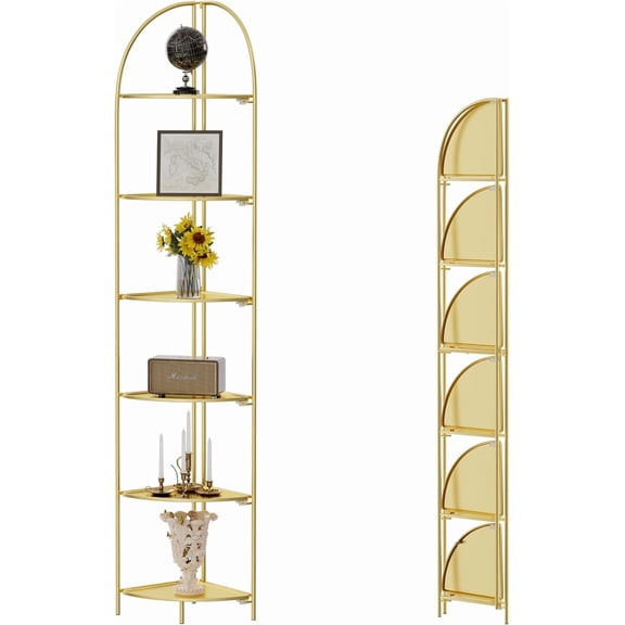 6-Tier Foldable Corner Shelf, Metal Gold Frame & Shelves Corner Plant Stand, Corner Display Rack, Multipurpose Shelving Unit for Living Room, Bedroom and Bathroom