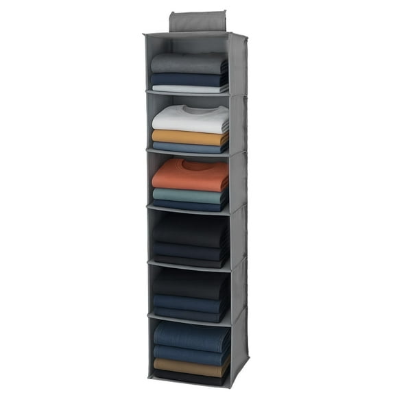 LIZEVINC Hanging Closet Organizer, 6-Tier, Foldable Fabric Shelves, Gray, for Clothes, Towels, and Accessories, Space-Saving Storage for Small Spaces, 1-Pack