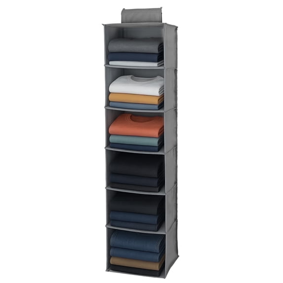 LIZEVINC 6-Tier Hanging Closet Organizer, Foldable Fabric Closet Shelves for Clothes, Towels and Accessories, Space Saving Hanging Storage for Bedroom, Dorm, Apartment, RV, Gray