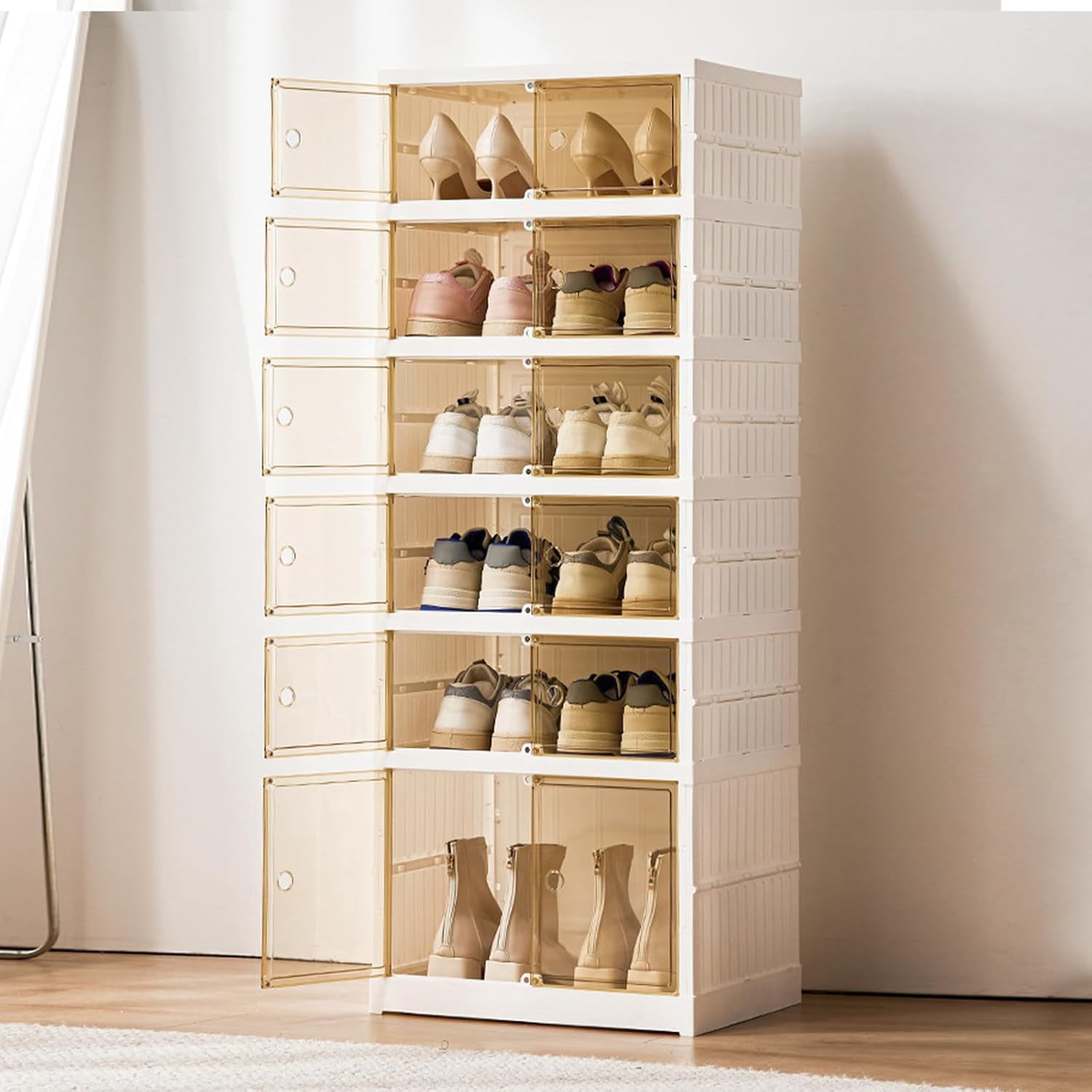 6 Tier Foldable Shoe Rack Organizer Clear Collapsible Storage Box with Magnetic Door Stackable Shoe Cabinet Bin for Closet Entryway (6 Tier)