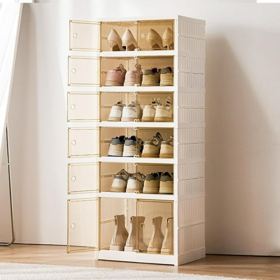 6 Tier Foldable Shoe Rack Organizer Clear Collapsible Storage Box with Magnetic Door Stackable Shoe Cabinet Bin for Closet Entryway (6 Tier)