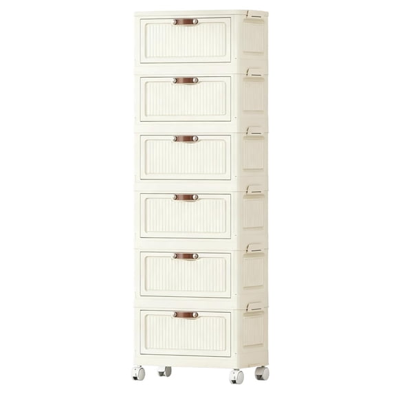 6 Tier Foldable Storage Cabinet with Lids, 24QT Stackable Closet Organizers with Wheels and Magnetic Doors, for Living Room, Office, Dorm, White