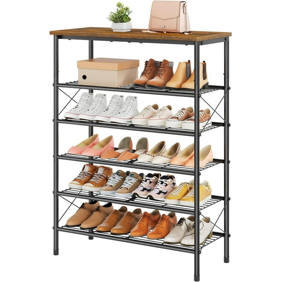 6 Tier Free Standing Shoe Rack for 20-24 Pairs, X Shape Fixed Frame Metal Mesh Shoe Rack for Closet, Rustic Brown & Black