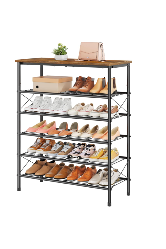 6 Tier Free Standing Shoe Rack for 20-24 Pairs, X Shape Fixed Frame Metal Mesh Shoe Rack for Closet, Rustic Brown & Black