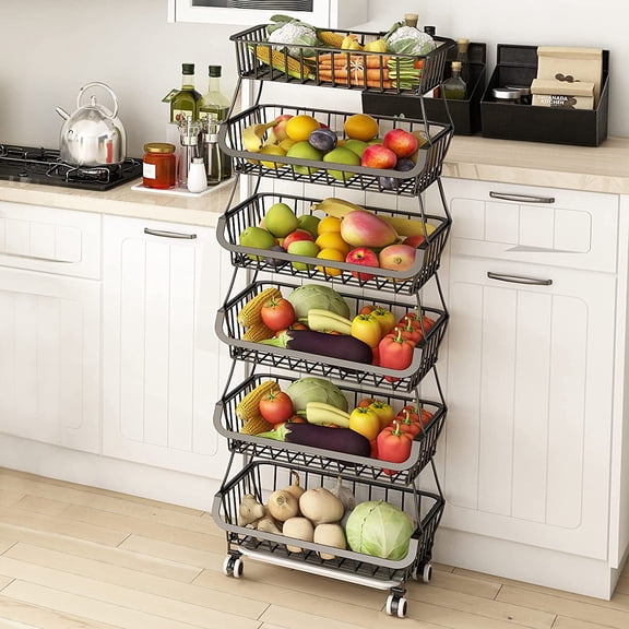 6 Tier Fruit Vegetable Basket for Kitchen, Fruit Vegetable Storage Cart/ Bins for Onions and Potatoes, Wire Storage Organizer Utility Cart with Wheels, Black