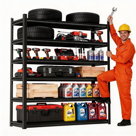 6 Tier Garage Shelving Heavy Duty, 78" H Metal Shelving Unit, 3000LBS Adjustable Basement Storage Shelves, Double-Layer Column with Reinforced Ribs, Ideal for Garage Warehouse, 48" W x 24" D, Black