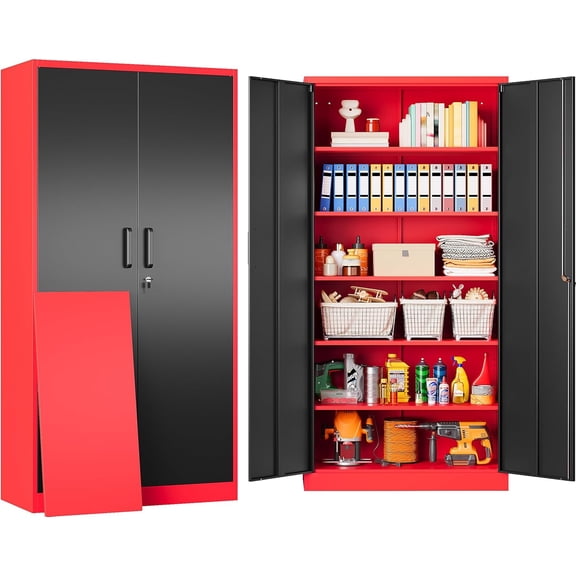 6 Tier Garage Storage Cabinet with 5 Adjustable Shelves,Metal Storage Cabinet with Lock,Red Black Metal Cabinet with Locking Doors,Steel Locker,71" Lockable Storage Cabinets for Home,Office,Garage