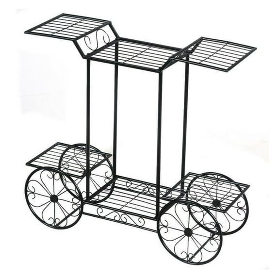 6-Tier Garden Cart Flower Rack, Metal Plant Stand Display Shelf for Indoor Outdoor Use, Vertical Pot Holder Decor, Parisian Style Trolley, Black