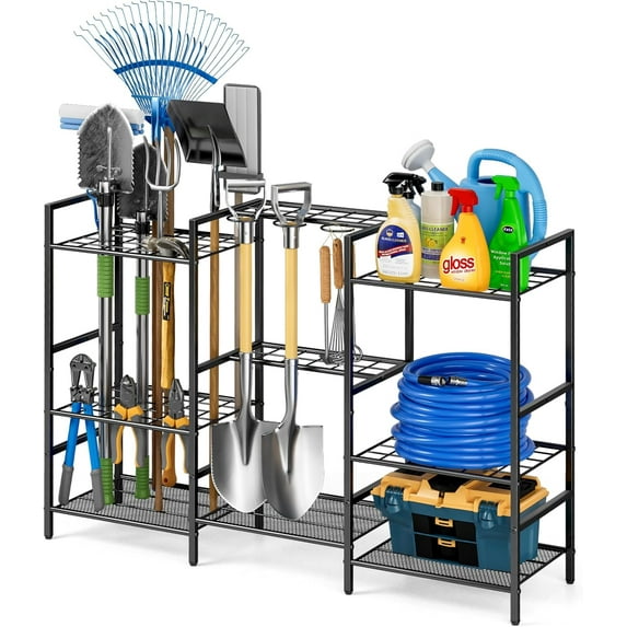 6-Tier Garden Tool Organizer for Outdoor Storage, Yard Tool Rack for Garage Organization and Storage, Holds 90 Long-Handled Tools, Sturdy Steel Tool Holder with 3 Hooks, 44.96"W x 11.89"D x 31"H"