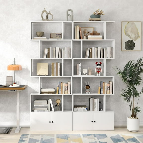 6-Tier Geometric Bookcase with Cabinet, 72 Inch Freestanding Room Divider Bookshelf, S-Shaped Open Display Book Shelf for Bedroom, Modern Bookcases with Doors and Shelves (2, White)