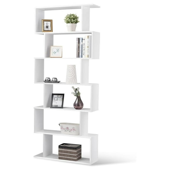 6-Tier Geometric Bookcase, Modern S-Shaped Storage Display Bookshelf for Living Room, Anti-Toppling Device, Home Office Wooden 6 Shelf Open Bookcase (1, White)