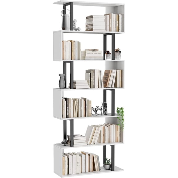 6 Tier Geometric Bookcase,S Shaped Bookshelf, Wood Decorative Storage Shelving, Modern Freestanding Display Shelves, Tall Book Shelf Unit for Living Room Bedroom, White