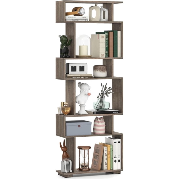 6-Tier Geometric Bookshelf, S-Shaped Bookcase with 2 Anti-Tipping Kits, Wooden Display Shelf, Decorative Storage Shelving Unit, Home Storage Organizer for Office Living Room (1,Oak Grey)