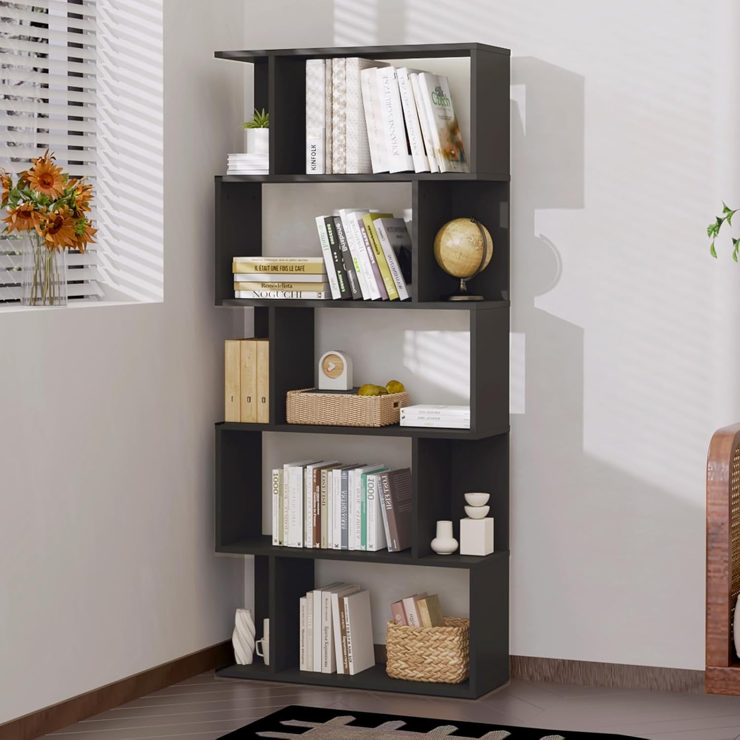 6-Tier Geometric Bookshelf Tall Display Shelf Freestanding Storage Shelf with Anti-Tipping ...