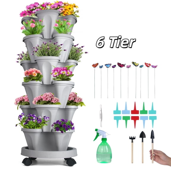 6 Tier Gray Stackable Strawberry Planter Garden Tower for Vegetables Flowers Herbs Succulents Vertical Oasis Grow Your Own