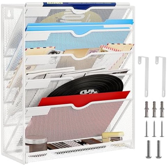6-Tier Hanging File Organizer with Hooks – No Installation Needed, Wall-Mounted File & Magazine Organizer for Office and Home (White)