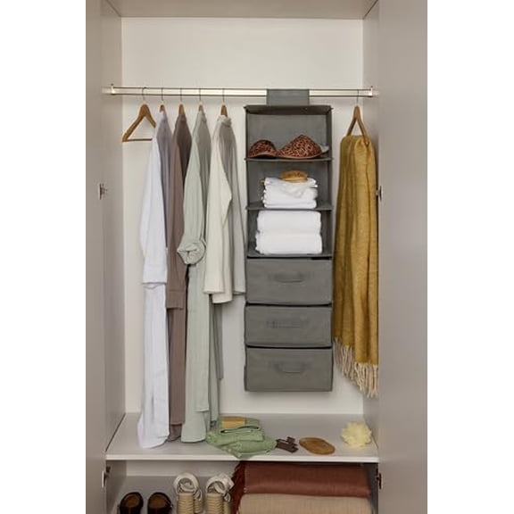 6-Tier Hanging Shelf Closet Storage Organizer with Removable Drawers, Grey, 6.9"D x 13.6"W x 12.2"H