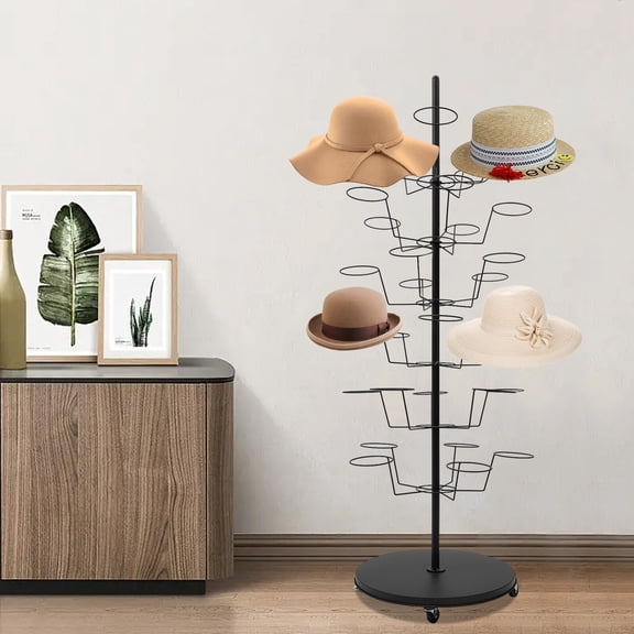 6-Tier Hats Display Rack 30 Hat Holders Hat Headwear Rack Cap Organizer with Wheels Standing Metal Hat Hanger Floor Standing Display Tower for Wig, Cap, Baseball Hat