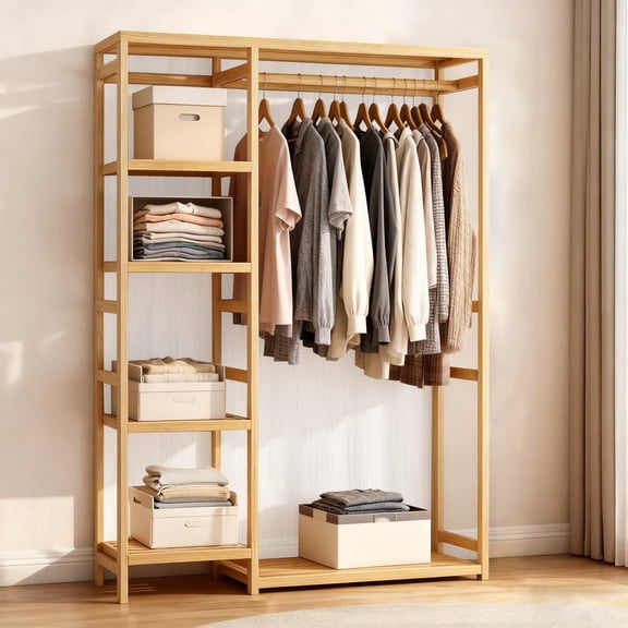 6 Tier Heavy Bamboo Garment Rack Storage Shelves Clothes Hanging Open Wardrobe Closet Stand