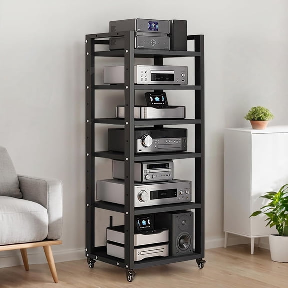 6-Tier Heavy Duty Audio Stereo Rack, 140cm Tall AV Media Stand Tower | Audio-Video Equipment Component Cabinet, Stereo Racks and Stands with Adjustable Shelf for Living Room and Home Theater