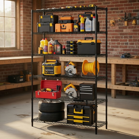 6-Tier Heavy-Duty Black Metal Storage Shelving Unit with V-Shaped Wire Racks 4800 lb Total Capacity, Adjustable & Tool-Free Assembly for Garage, Basement, Laundry & Kitchen