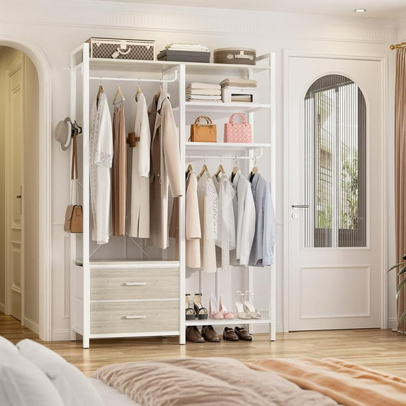 6-Tier Heavy Duty Reversible Clothes Rack with Shelves & 2 Drawers - Space Saving Wardrobe System, Freestanding Closet Organizer with Hooks for Home/Office/Laundry,Whhite Oak