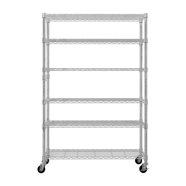 6-Tier Heavy Duty Steel Wire Shelving Unit with Wheels and Adjustable Feet, Used as Pantry Shelf, Garage or Bakers Rack Kitchen Shelving