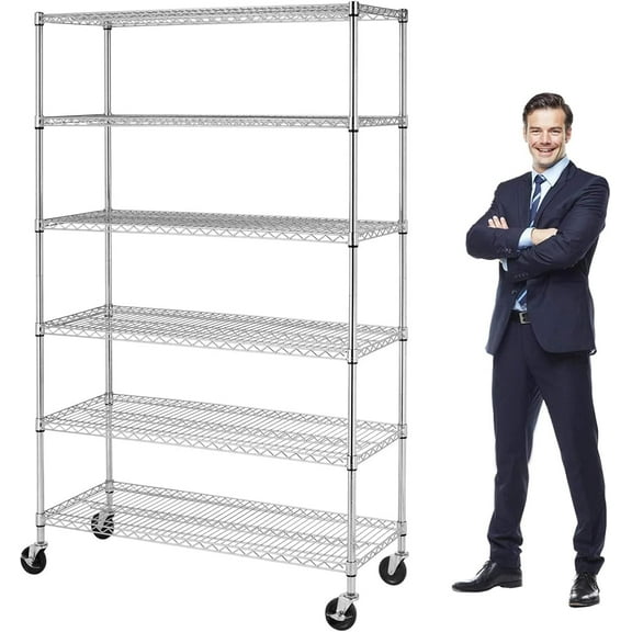 6-Tier Heavy Duty Wire Shelving Unit with Wheels or Leveling Feet, 6000 LBS Total Capacity, Adjustable Metal Storage Rack for Garage, Pantry, Kitchen, Basement, 48" W x 18" D x 76" H