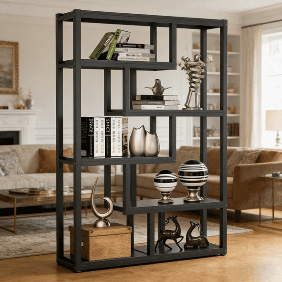 6 Tier Industrial Bookcase Asymmetrical Shelf Design Dark Walnut MDF Black Steel Frame Open Storage Unit Modern Urban Loft Style Room Divider Display Shelf for Living Room Home Office Library