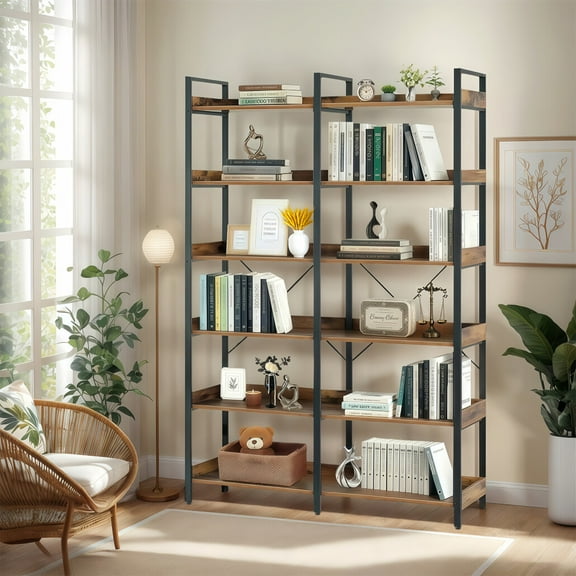 6-Tier Industrial Bookshelf, 67" Wooden Vintage Storage Rack with Open Shelves, Freestanding Double Wide Metal Frame Bookcase for Storage and Display for Home Office, Bedroom, Rustic Brown