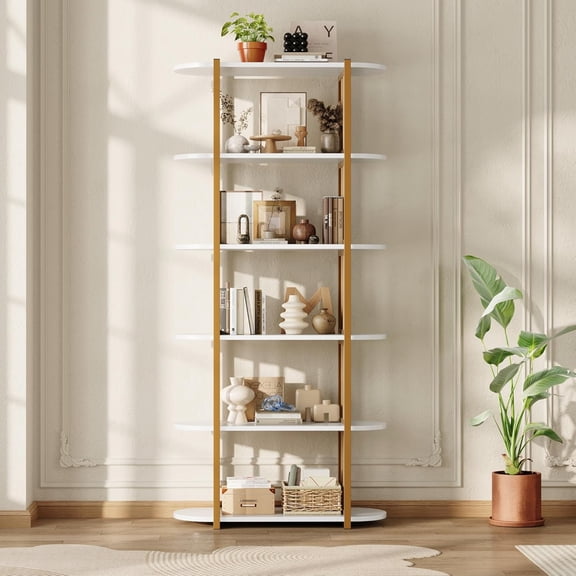 6-Tier Industrial Bookshelf, 71" Tall Metal and Wood Bookcase with Open Display Shelves, Modern Shelving Unit for Bedroom, Living Room, Home Office, White and Gold