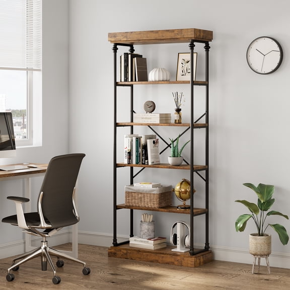 6-Tier Industrial Bookshelf for Office – 190cm Tall Freestanding Bookcase with Metal Frame – Large Rustic Storage & Display Rack – Open Wooden Shelves – Versatile Organizer for Living Room, Bedroom