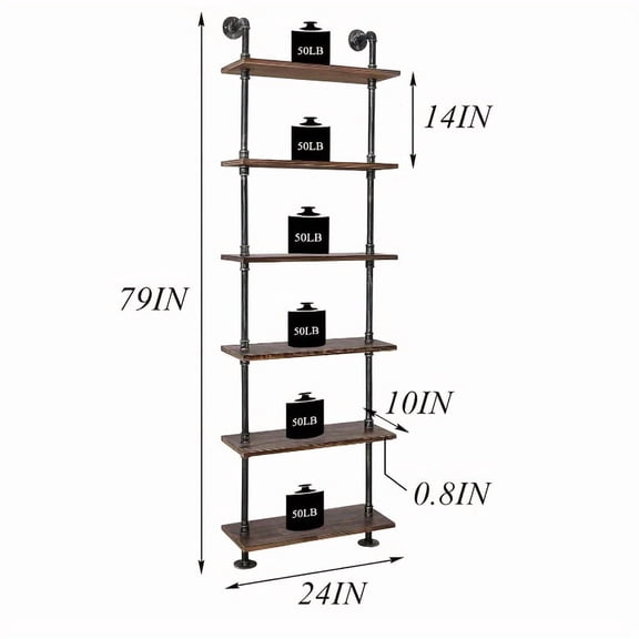 6 Tier Industrial Pipe Rustic Wood Bookshelf, Wall Mounted Shelf with Rustic Style for Living Room Bedroom Kitchen and Office, Decor and Storage Organizer for Plants and Books